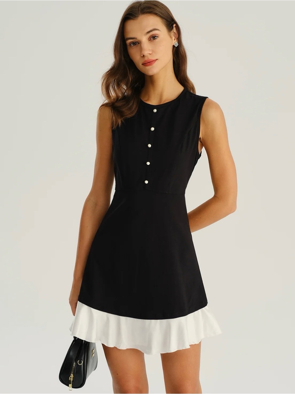RIHOAS Black Sleeveless Dress with White Ruffle Hem